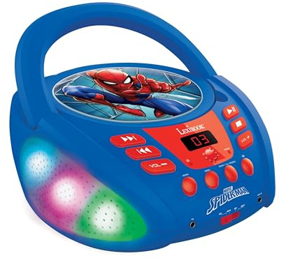 Lexibook, Spider-Man, Bluetooth CD player for kids, Portable, Multicoloured light effects, Microphone jack, Aux-in jack, AC or battery-operated, Girls, Boys, Blue/Red, RCD109SPLXB