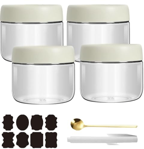 CNKHDZ 4 st Overnight Oats-glas, Overnight Oats-glas med lock, måltidsförberedelse, återanvändbara burkar för hemlagad marmelad, Mason Jar med sked, etikett (Vit, 300ml)