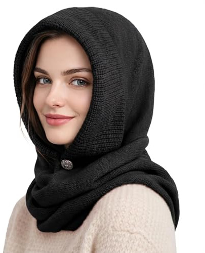 TAGVO Women Winter Warm Knit Hat Scarf, Ladies Soft Elastic Windproof Snood Hood Beanie Hat Skull Cap, 2 in 1 Balaclava Hooded Scarf Neck Warmer for Women Outdoor Hiking Working Event Party Black