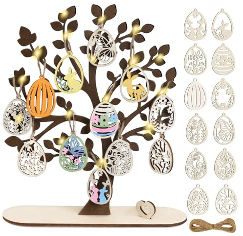 Osterbaum mit Lichtern, Holzanhänger Ostern Zum Bemalen, Ostern Basteln Kinder, DIY Ostereier Deko, Osterdeko Holz, Geschenk für Kinder, Erwachsene