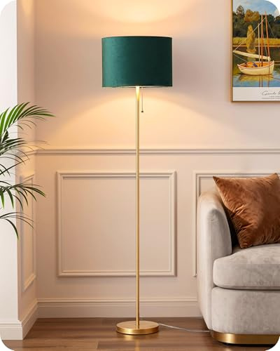 EDISHINE Lampadaire Salon, Lampe sur Pied Vintage avec Abat-Jour en Velours Vert et Structure Métallique Dorée, Lumière Blanche Chaude 2700K, Éclairage LED E27 pour Chambre et Bureau, 145 cm