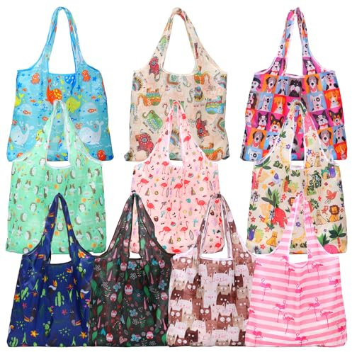 harupink 10 stycken återanvändbara shoppingkassar vikbara, 50 × 46 cm miljövänliga shoppingkassar av 190T polyester, shoppingpåse kan bära upp till 150 kg, maskintvättbar, Stil 1