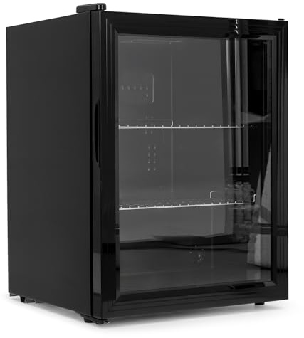 Trintion Mini Kühlschrank 60L mit Glastür, Getränkekühlschrank leise 2-10°C, Kompressor Mini Kühlschrank mit LED & 2 Verstellbaren Ablagen, Flaschenkühlschrank für Bier Wein Büro Bar[Energieklasse D]