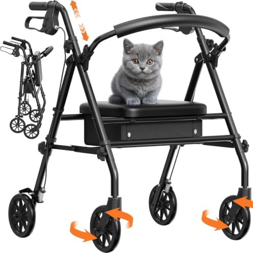 Luckfaith Rollator Walker with Seat for Seniors, 348 lbs Folding Mobility Walker with Brakes, Padded Seat, Backrest, 3-Second Fold & 7L Storage Bag