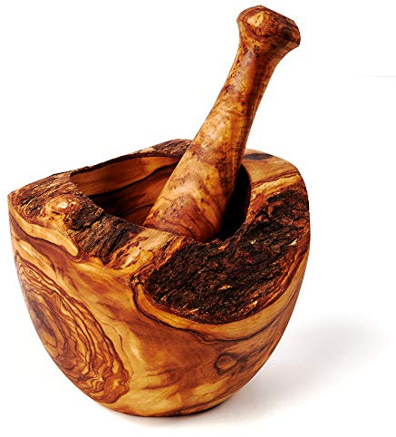 DAS OLIVENHOLZBRETT® / Mörser und Stößel aus Olivenholz im Naturschnitt/Olivenholzmörser & Stößel Set/Holzmörser/robuster Knoblauch, Kräuter und Gewürz-Mörser ca.16cm | Olivenholzmörser & Stößel Set/Holzmörser/robuster Mörser für Knoblauch, Kräuter und Gewürze/
