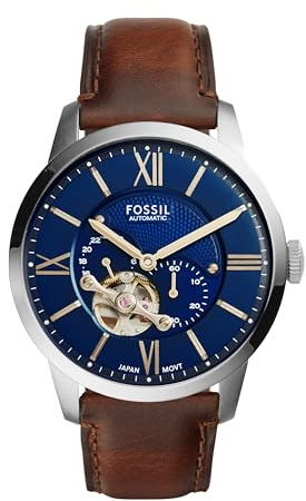Fossil Men's Watch, Townsman Automatic Stainless Steel and Leather Two-Hand Skeleton Watch for Men, Color: Silver, Brown