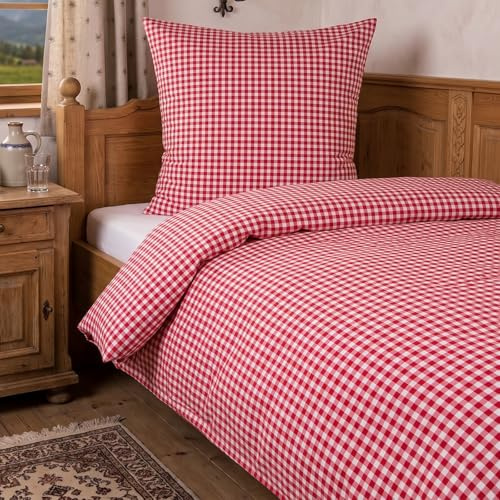 Hans-Textil-Shop Bettwäsche Kariert Rot Weiß 140x200 cm + 70x90 cm – Karierte Bettwäsche Landhausstil mit Reißverschluss aus Baumwolle