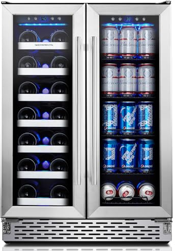 Phiestina Wine and Beverage Refrigerator, 24’’ Wine Cooler- 20 Bottles&78 Cans, Built-in/Freestanding Dual Zone Wine Fridge with Glass Door, Removable Shelves for Home/Bar/Office