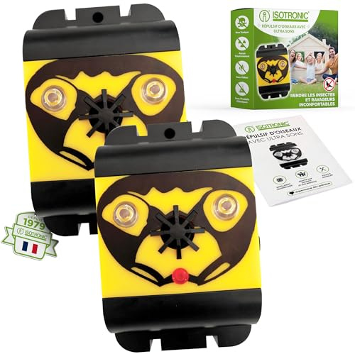 ISOTRONIC Répulsif Oiseaux Flash et ultrasons – À Piles pour Balcon et Jardin – Éloigne Pigeons et Oiseaux – Portée 40 m² – Lot de 2 unités pour Une Protection Efficace et Mobile