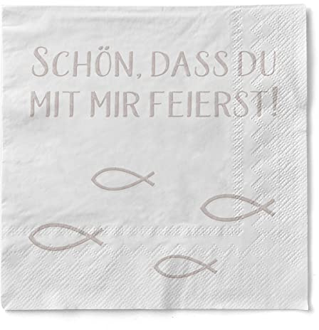 Sovie HORECA Tissue Servietten SCHÖN, DASS DU MIT MIR FEIERST, 33 x 33 cm, 3-lagig, 100 Stück, mit Fischsymbol, Ideal für Kommunion Konfirmation
