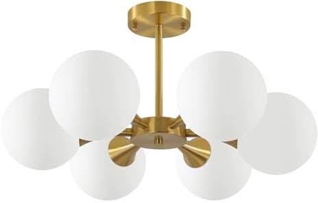 KCO Lighting Lámpara de Techo Sputnik Dorado,6 Luces E27 Lámpara de araña | Mediados de Siglo, Globo de Vidrio de Leche,lámpara colgante para Sala de Estar Dormitorio Cocina(Incluidas Bombillas)