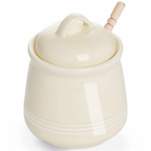 HAOTOP Ceramic Honey pot with Lid and Honey Stick,Porcelain Honey Jar Easy to Clean and Dishwasher Safe,12oz (Beige)