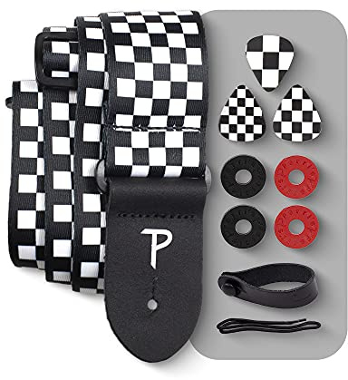 Perri's Leathers Ltd - Gitarrrem - Paket - Polyester Checker Gitarrrem - BONUS - 3 Medium 0,71 mm Gitarrplektrum, 1 Läder Akustisk Adapter, 4 Remlås och Skosnöre - Tillverkad i Kanada (LPCP-591-PKG)