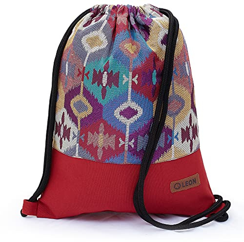 By Bers Leon großer Premium Turnbeutel mit Innentaschen Rucksack Tasche Damen Herren Teenager Gym Bag Draw String 45x34cm für Sport Reise Alltag Einkauf (Boho 001Rot)