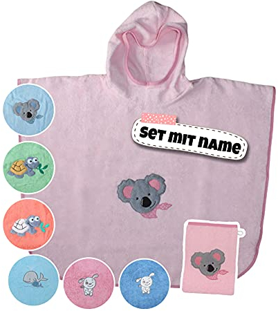Stickling Set Kinder Poncho + Waschlappen personalisiert | 100% Bio Baumwolle | personalisiert mit Namen | Baby Kapuze Bademantel | Badeponcho | Kinder Badetuch | bis 7 Jahre (Perlrosa)