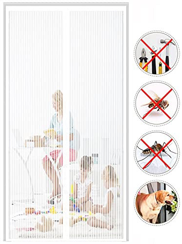 Magnet Fliegengitter Tür，85x210cm (33.46x82.67in) Insektenschutz Balkontür Fliegenvorhang Automatisches Schließen Magnetische Adsorption Moskitonetz Tür für Balkontür Wohnzimmer Terrassentür-Weiß