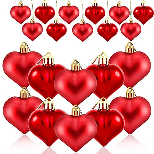 Ornements de Coeur Saint-Valentin,Boules de Coeur 2 Styles Différents Boules de Noël en Forme Coeur Sapin de Noël Décorations à Suspendre Coeur(Rouge,12)