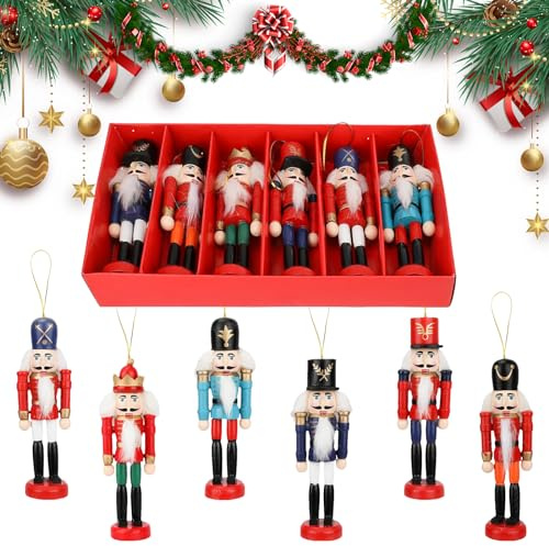 Andiker Lot de 6 décorations de Noël casse-noisette en bois - Artisanat artisanal - Décoration à suspendre pour sapin de Noël - Décoration pour la maison