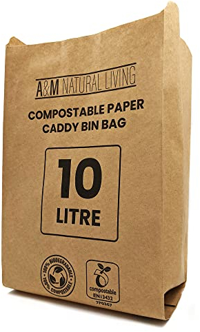A&M Natural Living 100 x 10 Litre Paper Food Waste Caddy Bin Liners Bags, 100% Compostable And Biodegradable Sustainable Brown Paper Sack Pack, EN13432 Certified (100 Bin Bags)