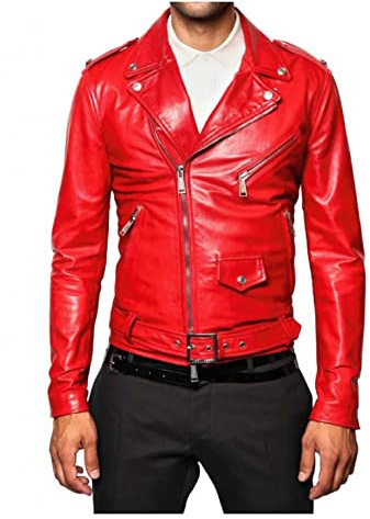 HiFacon Brando - Giacca da motociclista da uomo, in pelle, stile retrò, Negan Dean, Rosso - Vera Pelle, XL