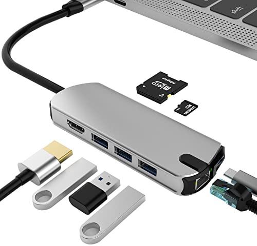 USB C hub, USB C Adapter 8 in 1 with Gigabit RJ45 Ethernet, 3×USB 3.0, 4K HDMI, 100W PD and SD/TF Card Reader, Docking Station Compatible with MacBook Pro & Air USB C Laptops and Ather Type C Devices