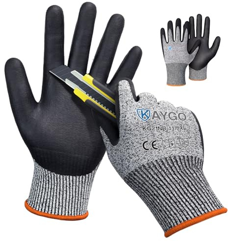 KAYGO 2 par arbetshandskar skärbeständig nivå C, KG21N, nitril belagd halkfritt handtag, tvättbar, EN388 4X42C skärskyddshandskar för skärning, lager, bygg, bil (grå, XXL, storlek 11)