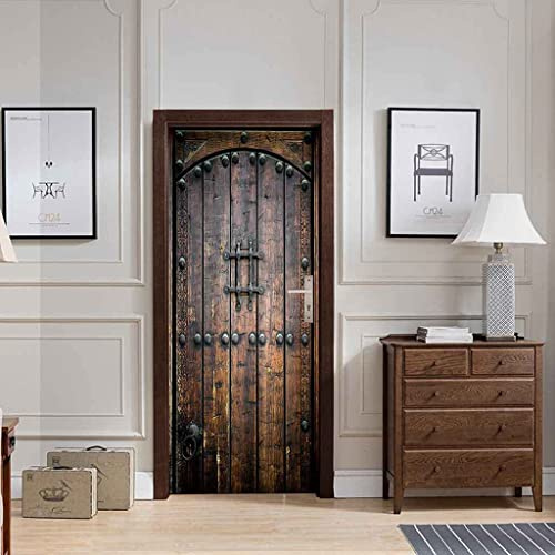 Etiqueta De La Puerta 3D Puerta De Madera Marrón Antigua Vinilo Adhesivo Fotográfico Pegatina Vinilos Decorativos Para Puerta Pared Cocina Dormitorio Sala De Baño Art Decoración 77X200 Cm