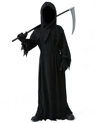 YIMOJOY Costume Halloween Inquietante Mietitore Bambini con falce, maschere, guanti - Bambini Costume Mietitore Ragazzi Mietitore Halloween Costume per bambini Carnevale Cosplay (XL: 12-15 anni)