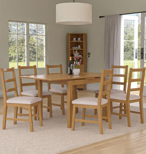 Hallowood Furniture Waverly Draw Leaf Oak Dining Table and Chairs Set 6 | 90-160cm Extendable Kitchen Table and Chairs with Ladder Back and Beige Fabric Padded Seats, Solid Oak 4-6 Seater Dining Set