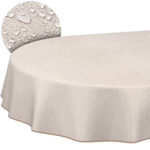 ANRO Tischdecke abwaschbar Damast Beige Grau mit Saum oval 180x140 cm | mit Saum eingefasst – Gartentischdecke wetterfest – Tischwäsche aus beschichtetem Stoff – waschbar bei 30 °C