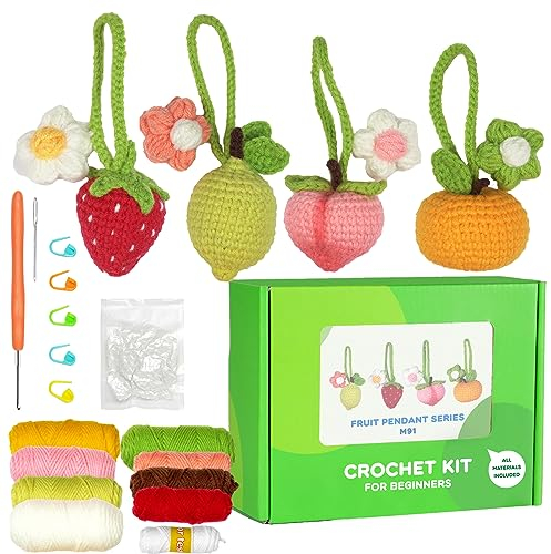 Qivine Häkelset für Anfänger, Früchte Häkelset, 4-Teiliges Crochet Set Mit Video Tutorial Und Anleitung, Häkel Set für DIY-Handarbeiten, Häkeln für Anfänger Geschenke für Mütter, Freundinnen