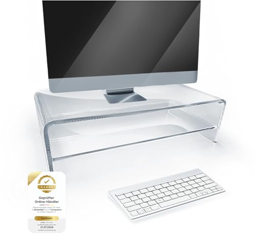 semper plastic Acrylglas Monitorständer transparent aus deutscher Herstellung - Exklusive Monitorerhöhung mit Zwischenablage - 10mm Acrylglas - Premium Bildschirmständer - deutsche Handarbeit