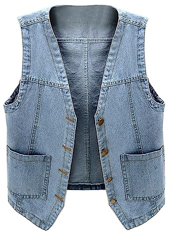 NCQiFei Veste Jean Court Sans Manche avec Poches - Gilet Denim Lavé pour Femme
