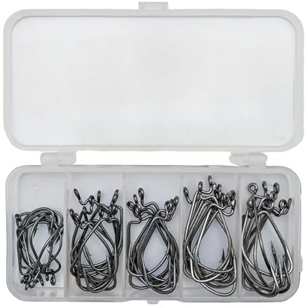 Générique 10Pièces Crochets à Ver Décalés pour Pêche à La Basse,Worm Poisson Crochets avec Boîte en Plastique, Texan Crochets,Hamecon Peche Mer en 4 Tailles Offset Hooks
