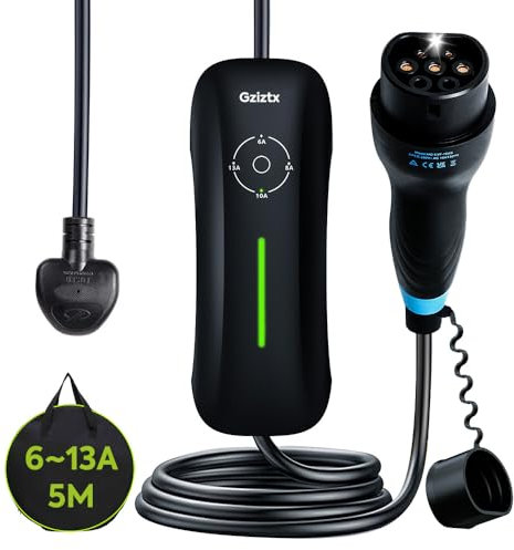Gziztx EV Charger 6/8/10/13A,5M Type 2 to 3 Pin Charging Cable with Bag, IP67 Water Proof, Overheat Protection, LED Indicators,3.3kW Electric car charger Cable