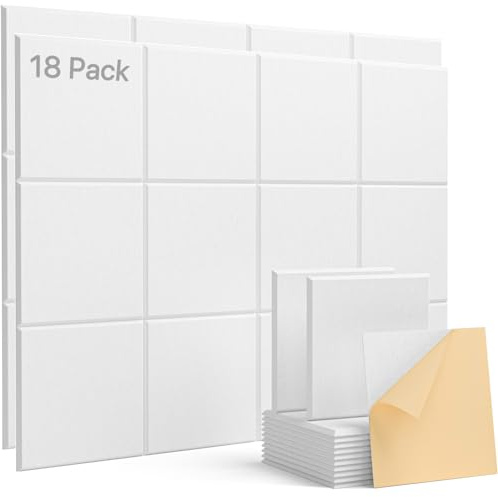 Acoustic Panels 18 Pack Square Soundproof Wall Panels Self-Adhesive, Acoustic Foam Panels High Density Sound Proof Foam Panels for Home Office, Recording Studio, Ceiling 12 X 12 X 0.4 White