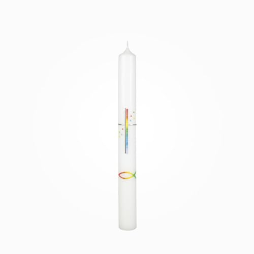 Taufkerze Regenbogen und Fisch mit Regenbogen/Gold-Wachsauflage in Weiß 400 x Ø 40 mm mit Namensverzierung