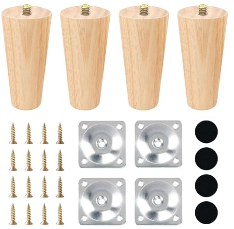 PCKOBEVER 4 Pcs 8cm Wooden Furniture Legs,Wooden Sofa Legs Replacement Solid Beech,Solid Chair Legs Cabinet Feet With Non-slip Mat,Screws & Mounting Plate,Furniture Feet DIY Replacement Feet