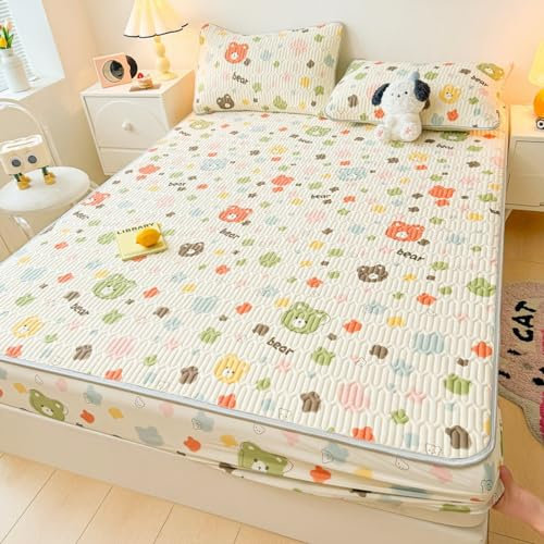 FOREPOTY vielen Größen Farben Spannbettlaken,Coole Sommerbettwäsche aus Latex, Matratzenschoner mit Cartoon-Aufdruck für Kinderzimmer, Bettbezug für Kinderzimmer, Bär 3,150 x 200 cm (1 Stück)