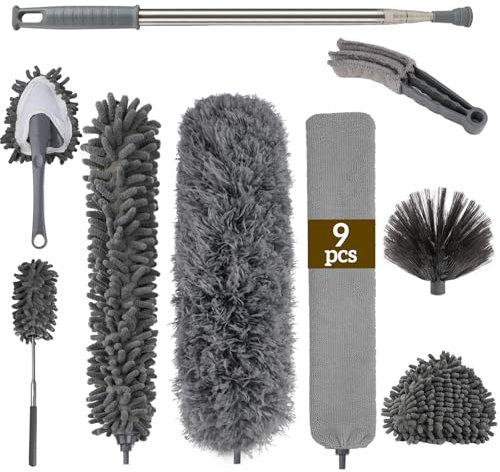 9 Stücke Staubwedel Teleskop Waschbar, Staubwedel Länge ausziehbar bis 245cm, Mini Fenster Reinigungsbürste, Mikrofaser Biegbar Eckbesen für hohe Decke Deckenventilator Spinnweben und Kronleuchter