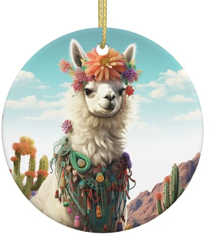 Décoration de Noël mexicaine lama cactus avec ruban doré pour sapin de Noël en céramique de forme ronde à suspendre Pendentifs de Noël Artisanat pour fête de vacances Décoration Cadeau