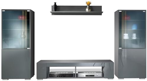 Vladon Wohnwand Nevada V2, Anbauwand bestehend aus 2 Vitrinen, 1 TV-Board und 1 Wandregal Anthrazit matt/Grau Hochglanz (304,5 x 141 x 39 cm)