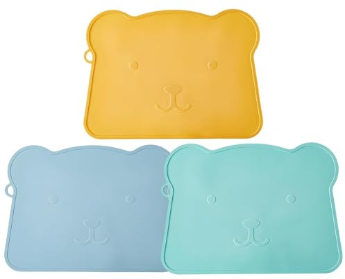 Kinder Platzset 3 Stück Tischsets Abwaschbar Kinder, BPA Frei Schmutzabweisende,Tischsets PlatzsetsPlatzsets Silikon Abwaschbar Tragbar Für Kinder und Kleinkinder (Green Blue Yellow)