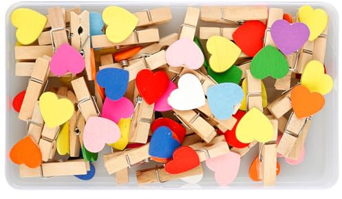 Bojueshaw 50pcs Mini Pegs,Wooden Heart Pegs,Wooden Photo Display Clips,Small Clothes Peg,for DIY Arts and Crafts,Weddings Events Decorations(Multicolor)