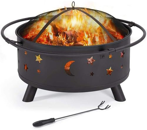 Hoguera de 26 pulgadas, hoguera de leña al aire libre, chimenea redonda con atizador de fuego, hogueras de metal para hoguera de jardín, camping, picnic, barbacoa, cuenco de metal de acero
