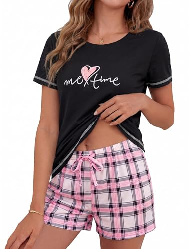 Leversic Pyjama Court Femme Été Coton, Haut Manches Courtes et Short | Léger et Confortable, Cet Ensemble d'Été en Coton Avec Haut Imprimé Cœur et Short Rayé Est Idéal Pour Dormir