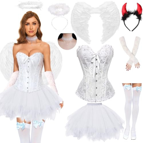YeahBoom Disfraz Angel Mujer,gótico corsé corsé y falda de tul,disfraz de ángel y diablo alas,diadema de ángel,cuernos de diablo,medias de encaje,collares y guantes,para carnaval fiesta (Blanco, XL)