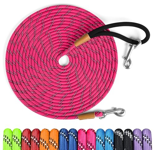 lynxking Long Dog Leash Reflective 15ft 30ft 50ft Check Cord Training Lead Padded Handle Heavy Duty Rope for Puppy Small Medium Large Dogs (Pink, 30ft x 3/8inch)