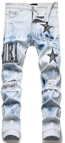 MILANG Y2K Jeans Uomo Strappati con Ricamo Pentagramma, Pantaloni in Denim Stretch Slim Fit, Streetwear Stile Y2k Pants Casual Versatile
