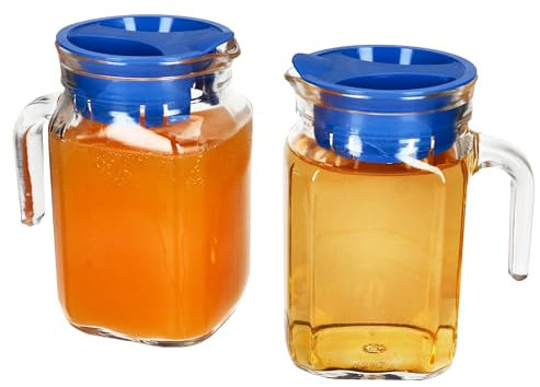 MamboCat Kora Set di 2 brocche per frigorifero con coperchio in plastica blu, 0,5 litri, caraffa quadrata in vetro con beccuccio e manico per tè freddo, acqua, succhi di frutta, latte & Co.